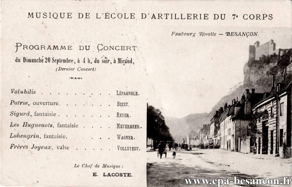 Musique de l’École d Artillerie du 7e Corps - Besançon - Faubourg Rivotte - Programme du Concert du Dimanche 20 Septembre